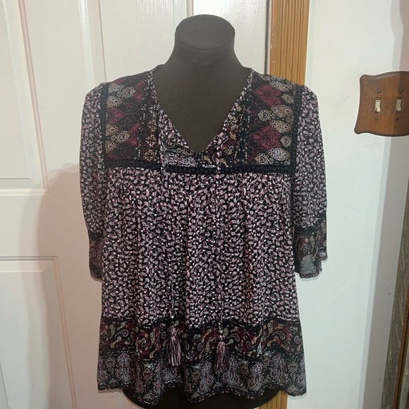 Knox Rose Babydoll Pink Black Short Sleeve Top Boho Gypsy Size Small - Picture 1 of 3